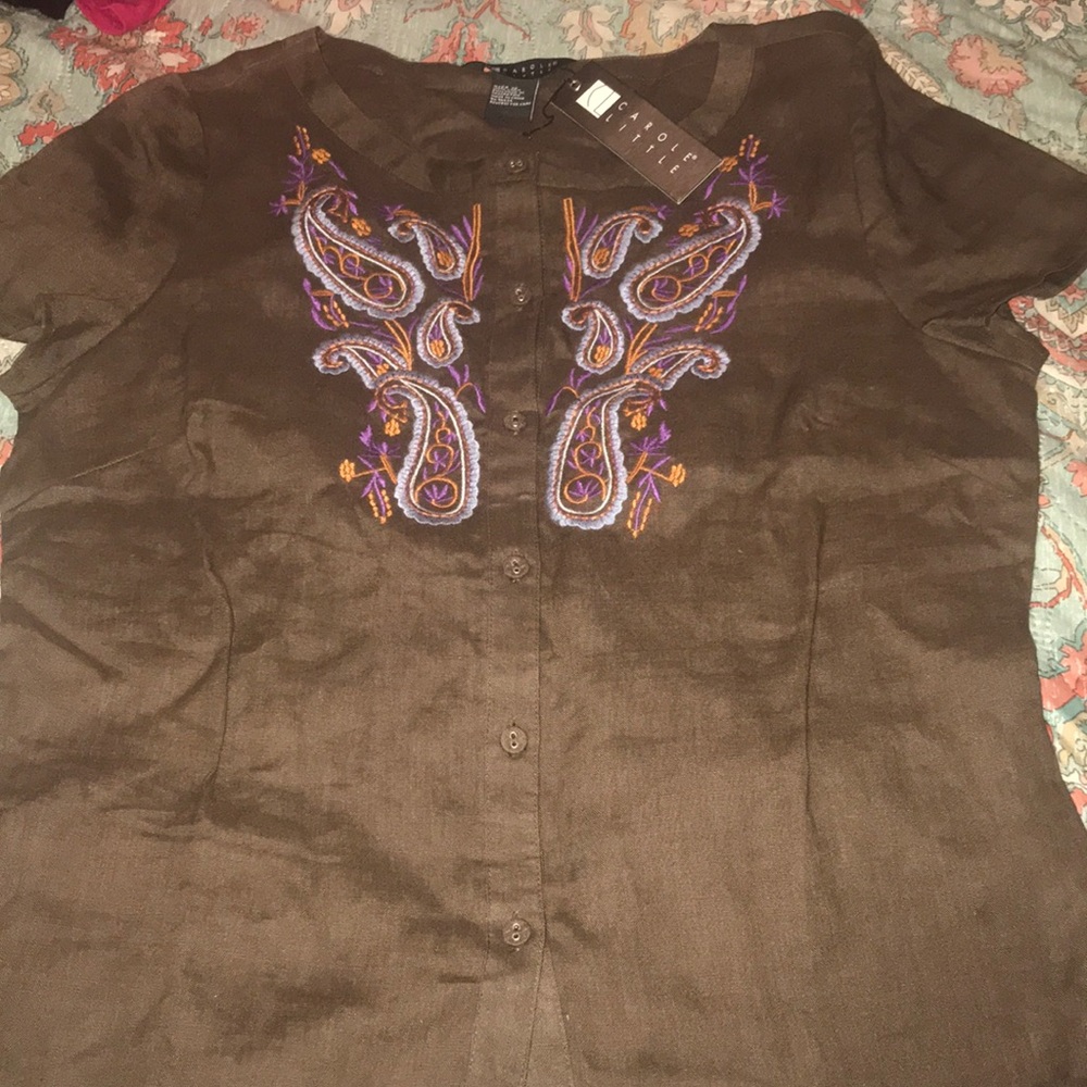 Carol little linen brown button embroidered top